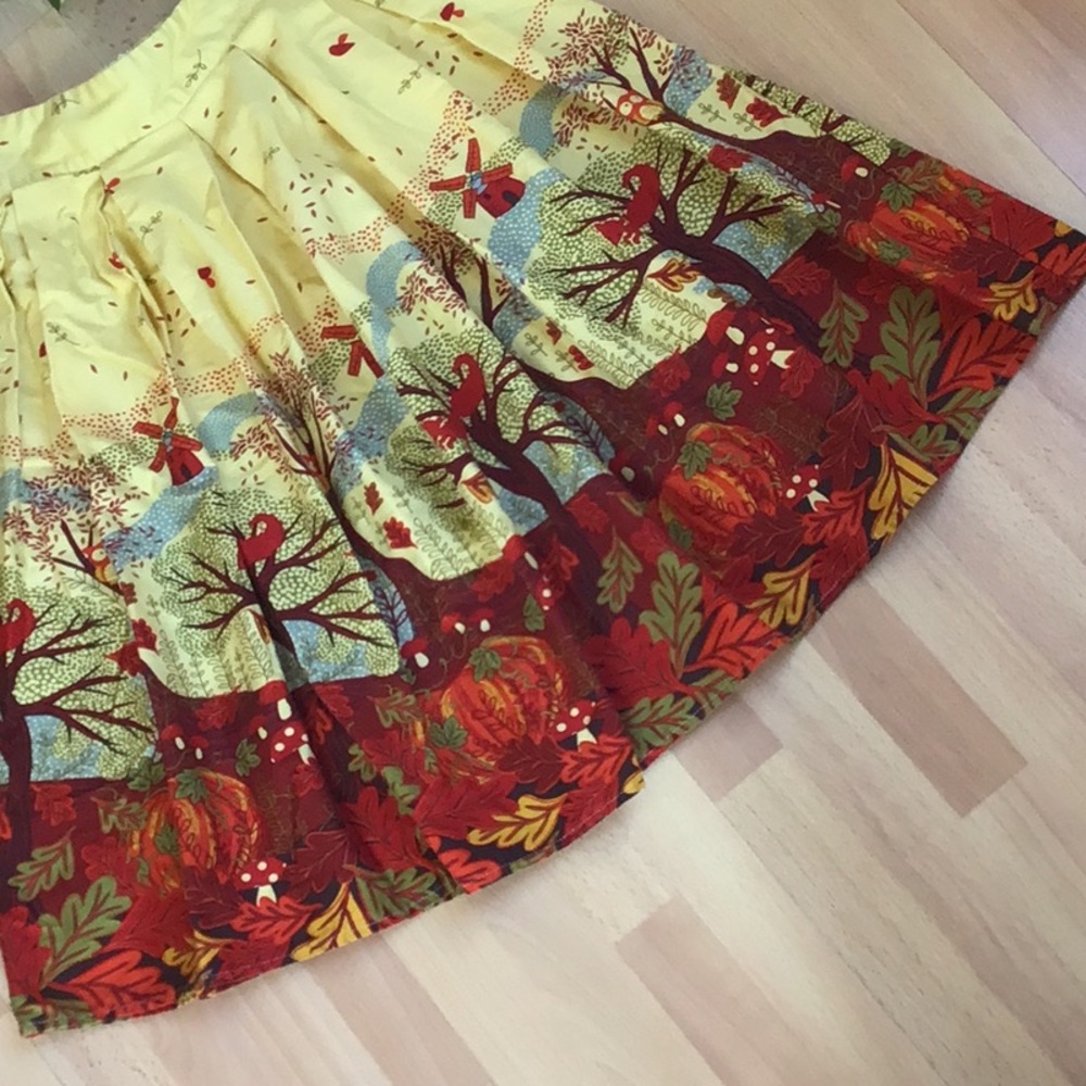 Vintage Fall Owl Pumpkins Squirrel Autumn Leaves A-line Swing Skirt w/ Pockets